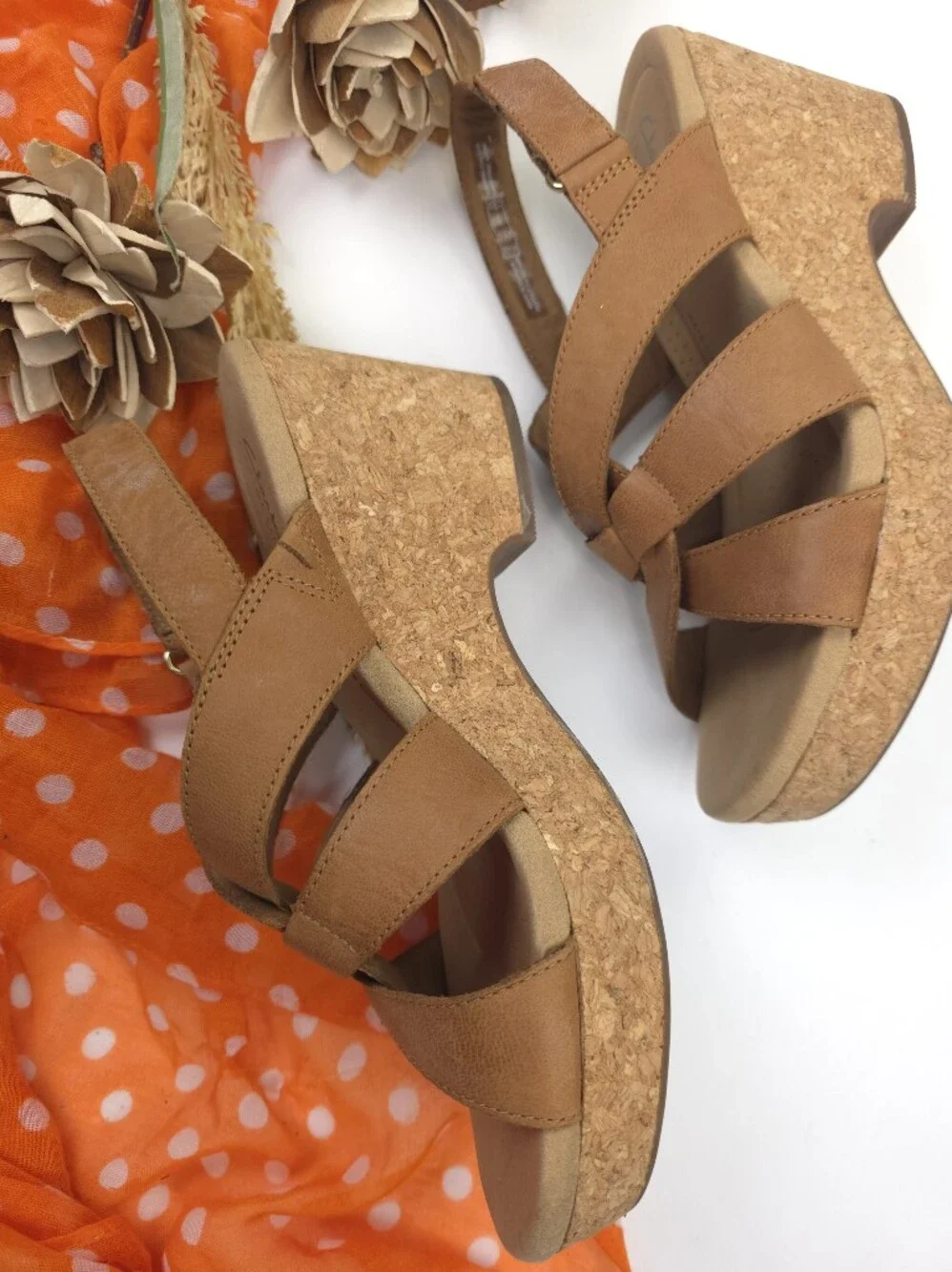 Clarks Collection Women's Tan Leather Platform Sandals 8½m